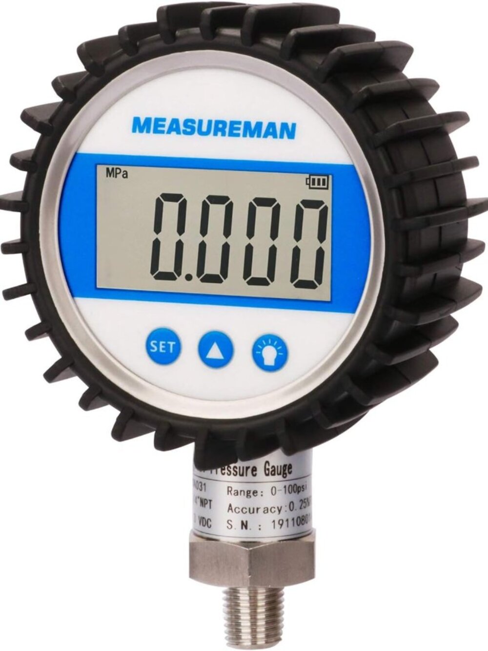Digital Pressure Gauge 3-1/8" Dial, 0-100 PSI, Accurate 0.25% - Lower Mount NPT